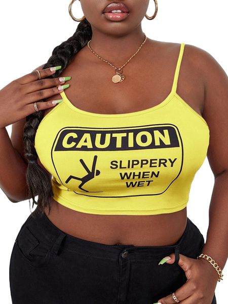 sxy plus figure & slogan graphic crop cami 01c6#, Black