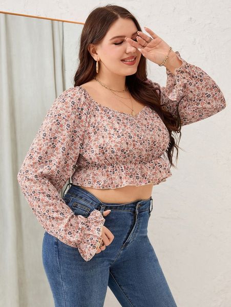 plus ditsy floral print sweetheart neck flounce sleeve blouse 96ec#, Black
plus ditsy floral print sweetheart neck flounce sleeve blouse 96ec#, Black