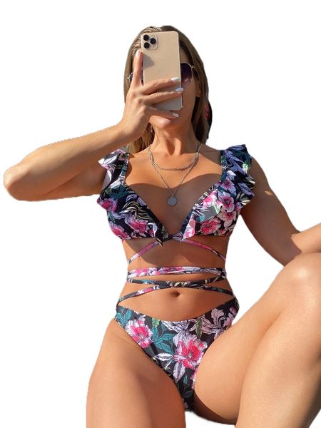 floral print lace up bikini swimsuit w38g#, White;black
