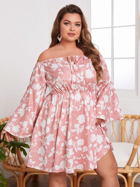 plus floral print tie front off shoulder a-line dress j1d8#, Black 
plus floral print tie front off shoulder a-line dress j1d8#, Black