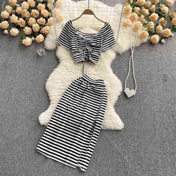 two piece dress 2022 summer french design sense of minority short drawstring high waist stripe split skirt two piece set fashion klnd, White
two piece dress 2022 summer french design sense of minority short drawstring high waist stripe split skirt two piece set fashion klnd, White