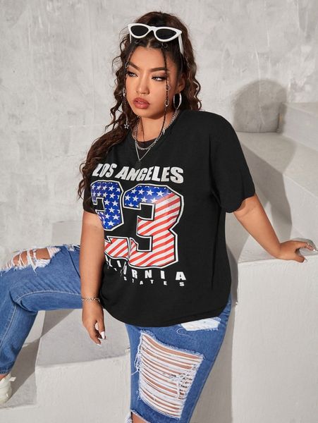 plus letter print round neck tee z1af#, Black