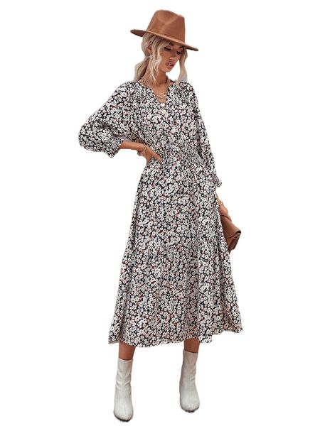 floral shirred waist notched neck dress u6km#, Black;gray
