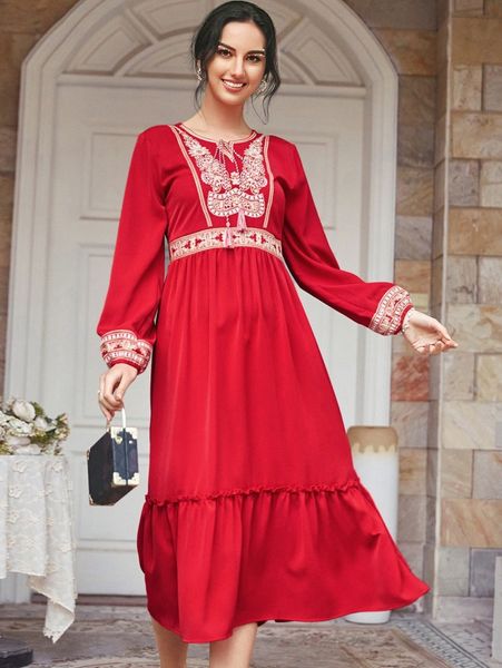 floral embroidered tie neck lantern sleeve ruffle hem dress c6pu#, Black;gray 
floral embroidered tie neck lantern sleeve ruffle hem dress c6pu#, Black;gray