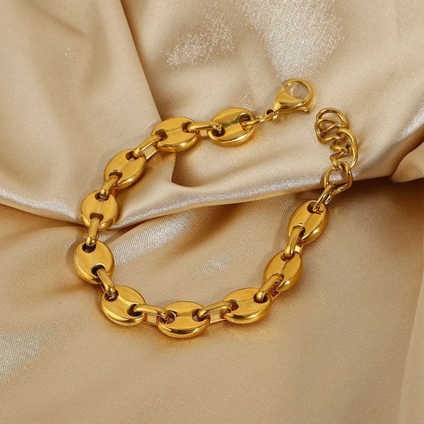 18k gold plated chain stainless steel non tarnish punk pig nose cuban coffee bean chain bracelet jdb201004-1, Black
18k gold plated chain stainless steel non tarnish punk pig nose cuban coffee bean chain bracelet jdb201004-1, Black
