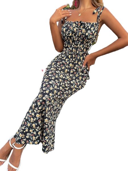 allover floral print ruched bust cami dress p4lp#, Black;gray