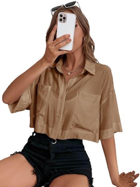 drop shoulder patch pocket blouse u1jn#, White
