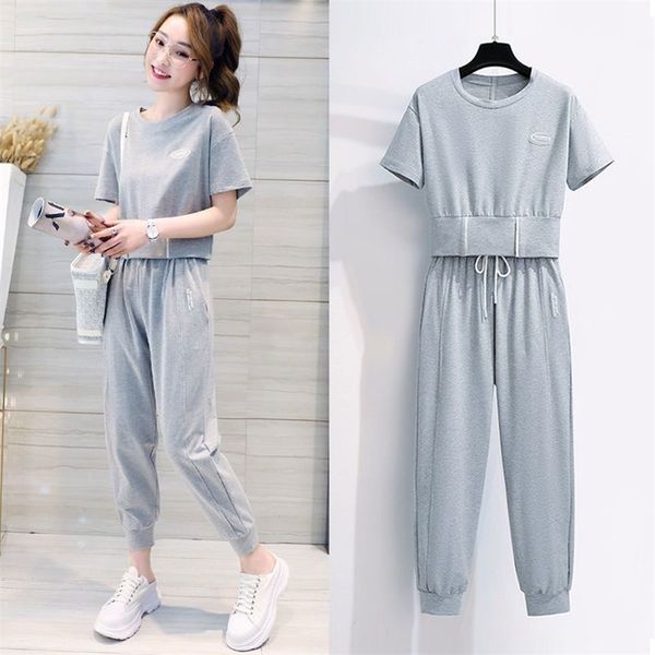 summer women s sports suit short sleeved leisure jogging short loose t shirt cropped trousers two piece sets sportswear 220616, Gray
summer women s sports suit short sleeved leisure jogging short loose t shirt cropped trousers two piece sets sportswear 220616, Gray