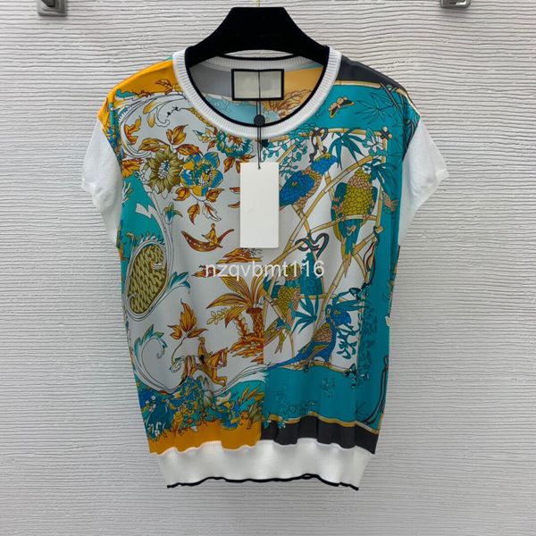 women's t-shirt flower bamboo forest parrot print elastic satin silk fabric stitched knit short sleeve top, White
women's t-shirt flower bamboo forest parrot print elastic satin silk fabric stitched knit short sleeve top, White