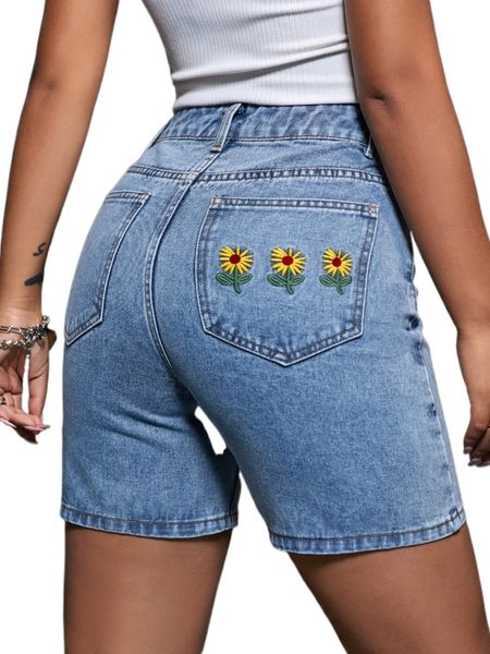 floral embroidery denim shorts y3da#, White;black