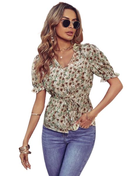 allover floral print v neck belted blouse s9f4#, White