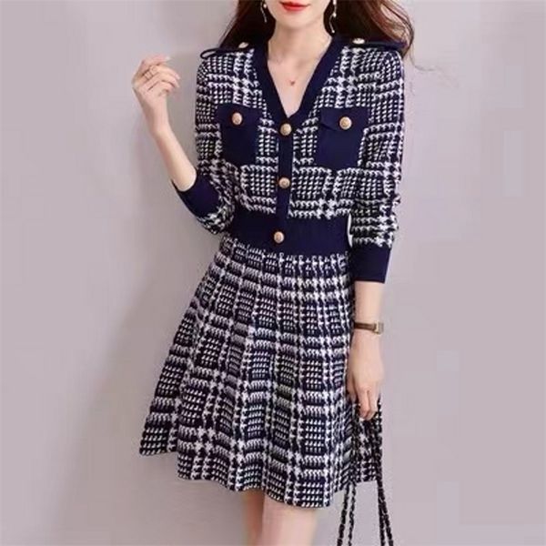 runway fall winter korean womens long sleeve vintage plaid elegant office lady knitted sweater dresses vestidos 220817, Black;gray
runway fall winter korean womens long sleeve vintage plaid elegant office lady knitted sweater dresses vestidos 220817, Black;gray