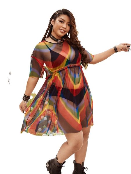 plus rainbow striped frill trim drop shoulder mesh dress without lingerie h9mv#, Black
plus rainbow striped frill trim drop shoulder mesh dress without lingerie h9mv#, Black