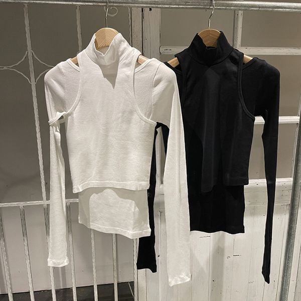women's t-shirt spliced high neck long sleeve t-shirt spring and summer hollow out slim fit two-piece set bottomed for women, White
women's t-shirt spliced high neck long sleeve t-shirt spring and summer hollow out slim fit two-piece set bottomed for women, White
