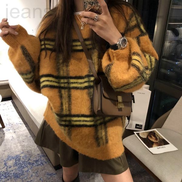 women's knits & tees designer fashion loose lazy round neck sweater ins contrast khaki checked mohair pullover sweater lylz, White
women's knits & tees designer fashion loose lazy round neck sweater ins contrast khaki checked mohair pullover sweater lylz, White