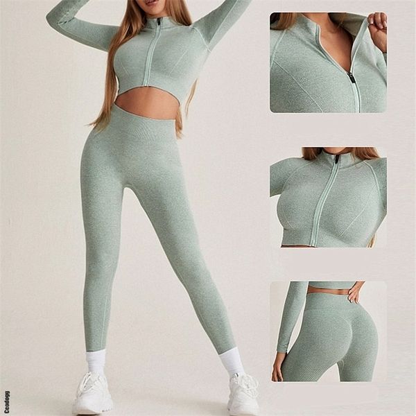 thicken zipper women seamless yoga set sports long sleeve crop gym scrunch leggings workout clothes active 220330, Gray 
thicken zipper women seamless yoga set sports long sleeve crop gym scrunch leggings workout clothes active 220330, Gray