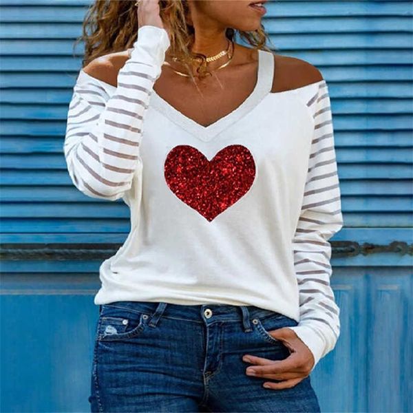 women fashion casual long sleeve blouse feamle could shoulder heart shape print design 210716, White
women fashion casual long sleeve blouse feamle could shoulder heart shape print design 210716, White