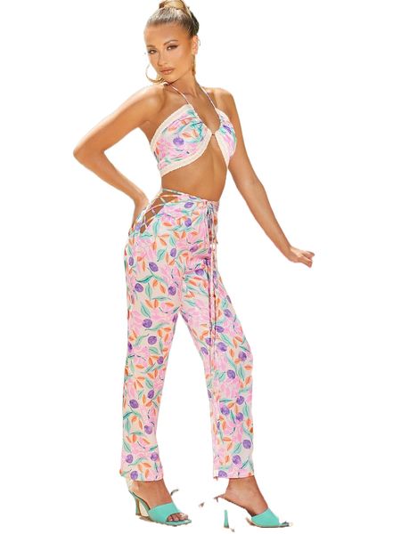 x ji yeon lee allover plants halter & lace up side pants set i1by#, White
x ji yeon lee allover plants halter & lace up side pants set i1by#, White