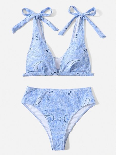 paisley print tie shoulder bikini swimsuit z1ft#, White;black