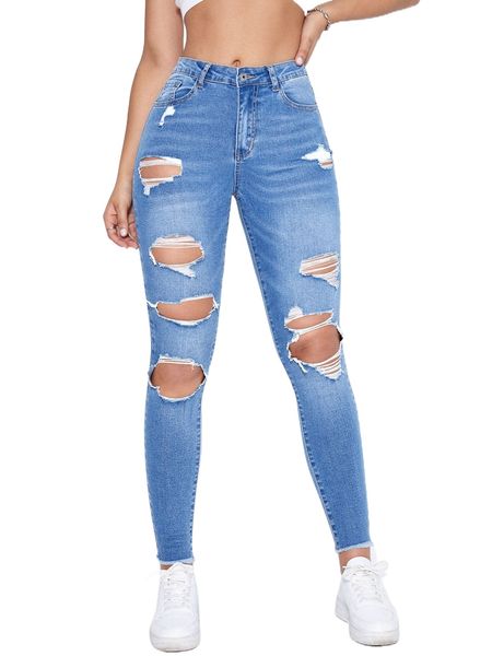 cut out ripped frayed hem skinny jeans 68tp#, Blue