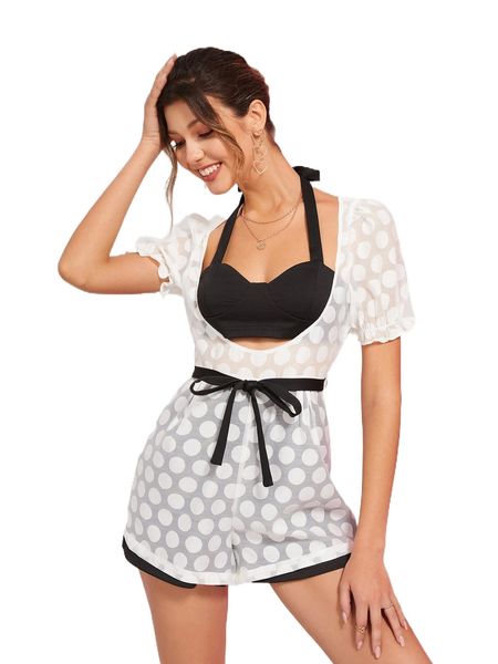 x allalong polka dot puff sleeve sheer mesh belted romper with bra r8fo#, Black;white
x allalong polka dot puff sleeve sheer mesh belted romper with bra r8fo#, Black;white