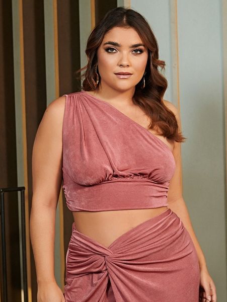 plus one shoulder ruched crop r87x#, Black