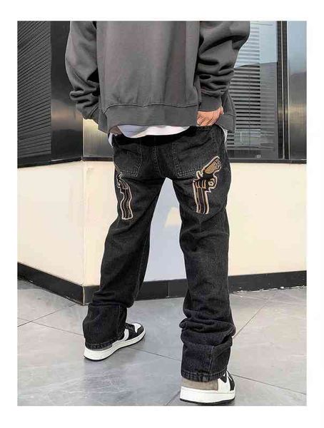 american high street pistol embroidered jeans men's and women's hip hop street loose casual pants, Blue
american high street pistol embroidered jeans men's and women's hip hop street loose casual pants, Blue