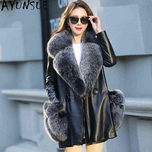 ayunsue real leather coat sheepskin coat female down coat winter clothing women real fox fur collar mujer chaqueta 18233 j220727, Black 
ayunsue real leather coat sheepskin coat female down coat winter clothing women real fox fur collar mujer chaqueta 18233 j220727, Black