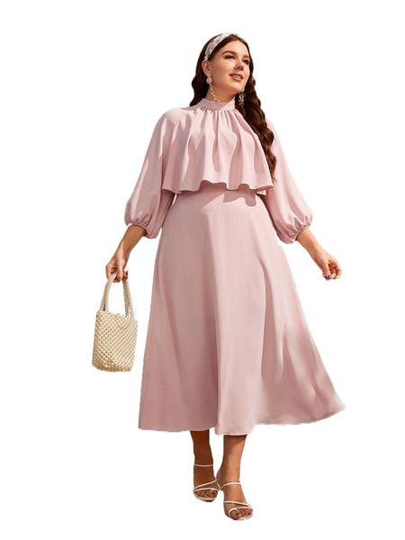 plus ruffle trim lantern sleeve dress c836#, Black 
plus ruffle trim lantern sleeve dress c836#, Black