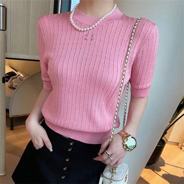 women's knits & tees high version small fragrance vertical stripe pink round neck short sleeve knitted t-shirt slim sweater women', White
women's knits & tees high version small fragrance vertical stripe pink round neck short sleeve knitted t-shirt slim sweater women', White
