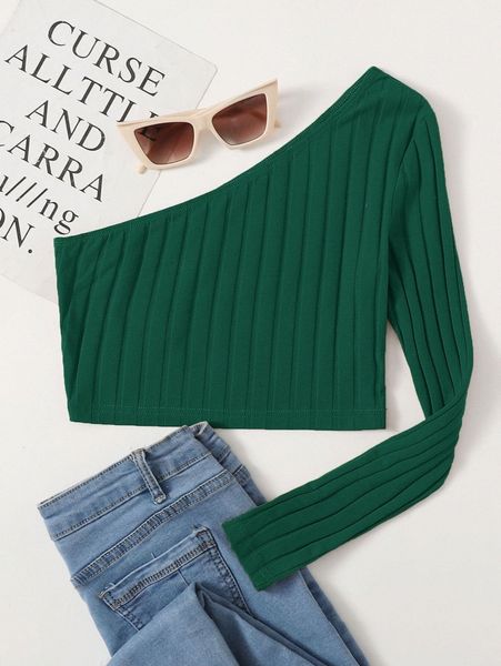 one shoulder rib-knit crop d7pg#, White