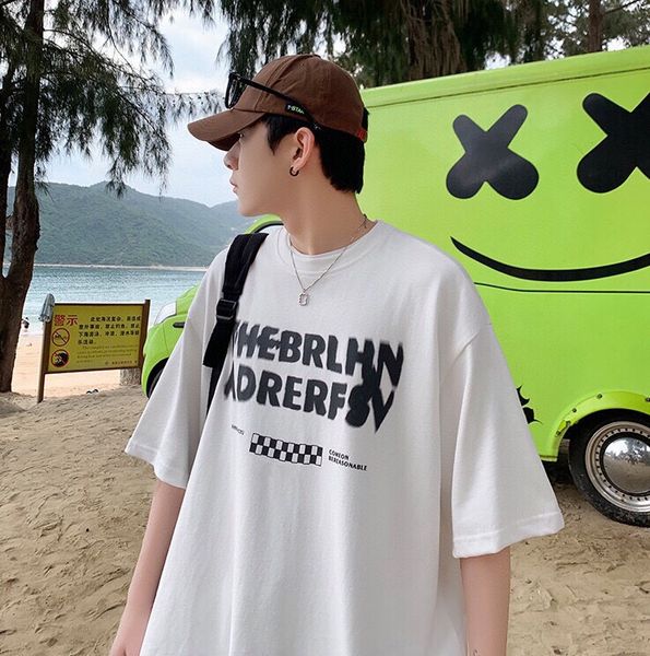 chest lettering checkerboard print personalized trendy short sleeve t-shirt, White
chest lettering checkerboard print personalized trendy short sleeve t-shirt, White
