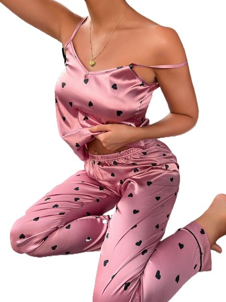 heart print satin cami & pants pj set l9yh#, Black;red 
heart print satin cami & pants pj set l9yh#, Black;red