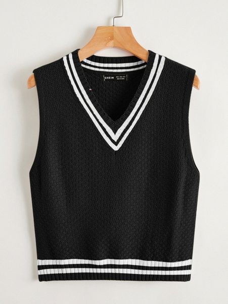 plus striped pattern sweater vest 83km#, Black 
plus striped pattern sweater vest 83km#, Black