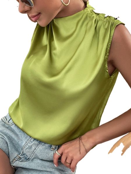 buttoned shoulder sleeveless satin blouse p9i3#, White