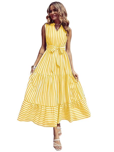 striped notched neck ruffle hem belted dress t6gg#, Black;gray
striped notched neck ruffle hem belted dress t6gg#, Black;gray