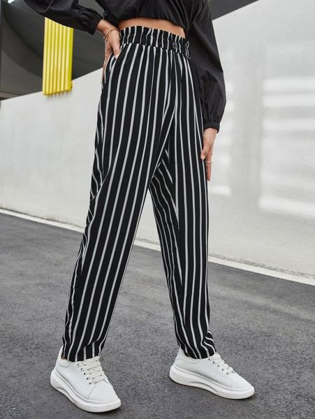 striped print paperbag waist pants k45v#, Black;white