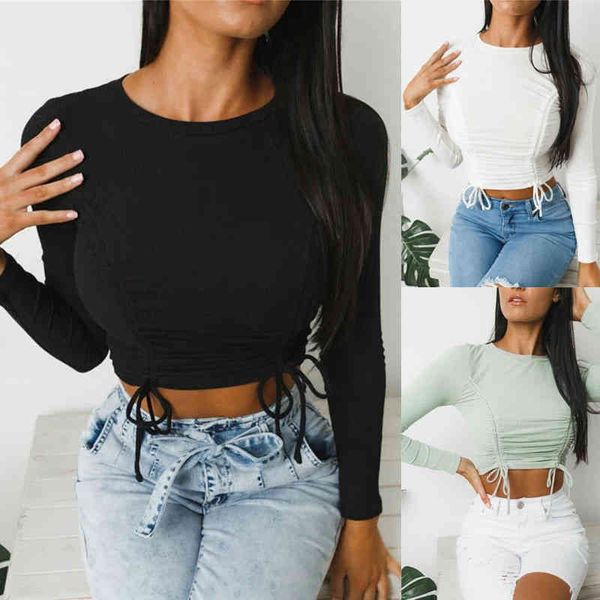 women's t-shirt summer round neck solid drawstring waist long sleeve bnuj, White
women's t-shirt summer round neck solid drawstring waist long sleeve bnuj, White