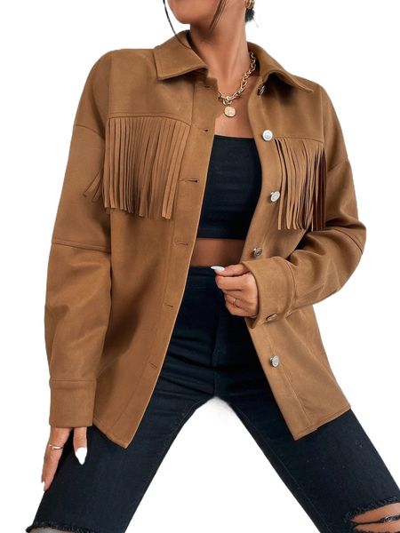 fringe trim drop shoulder suede jacket f1rl#, Black;brown 
fringe trim drop shoulder suede jacket f1rl#, Black;brown