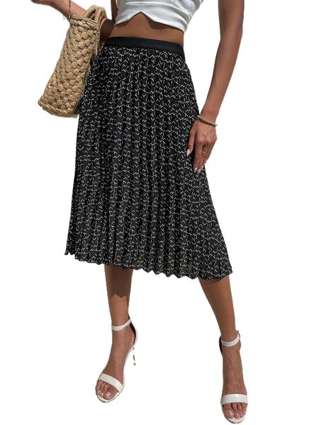 high waist allover print pleated skirt k8ly#, Black
high waist allover print pleated skirt k8ly#, Black