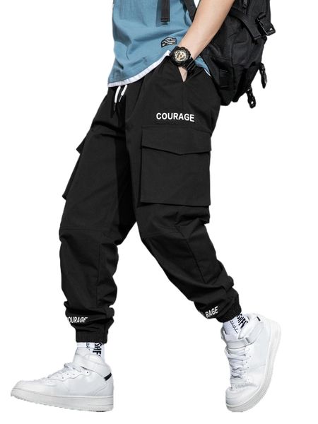 men letter graphic flap pocket side drawstring waist cargo pants 02j2#, Black
men letter graphic flap pocket side drawstring waist cargo pants 02j2#, Black