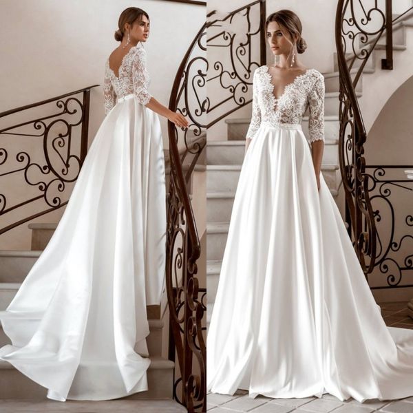 stylish a-line wedding dresses v neck middle sleeve satin lace appliques strapless high waist backless zipper custom madel beaded vestidos d, White
stylish a-line wedding dresses v neck middle sleeve satin lace appliques strapless high waist backless zipper custom madel beaded vestidos d, White
