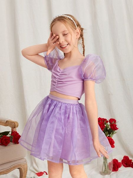 girls organza puff sleeve ruched & flared skirt she, White 
girls organza puff sleeve ruched & flared skirt she, White