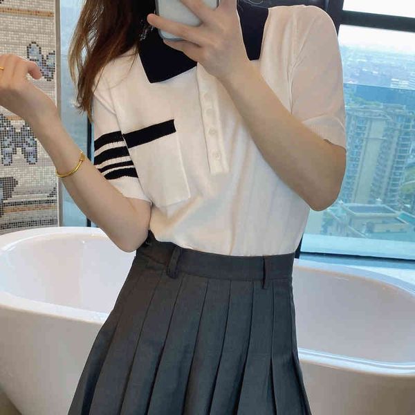 ice silk knitted short sleeve t-shirt women's summer four bars loose thin polo shirt college style lapel knitted top, White
ice silk knitted short sleeve t-shirt women's summer four bars loose thin polo shirt college style lapel knitted top, White