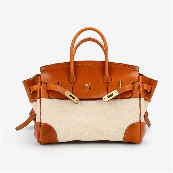 

birkins herme bags american designer canvas with layer cowhide vegetable tanned leather fashion bag womens handbag leisure mens satchel