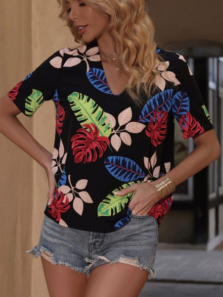 tropical print v neck blouse h7gg#, White