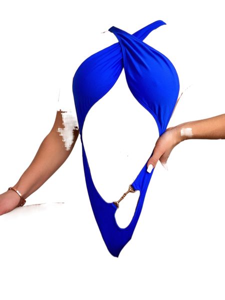 neon blue metal detail high cut halter monokini o2cw#, White;black