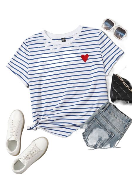 plus striped heart embroidery detail tee s6j2#, Black
plus striped heart embroidery detail tee s6j2#, Black