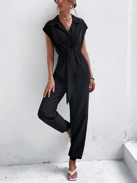 lapel collar knot front jumpsuit u4ir#, Black;white