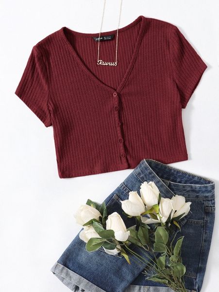 v-neck button placket crop tee s34q#, White
v-neck button placket crop tee s34q#, White